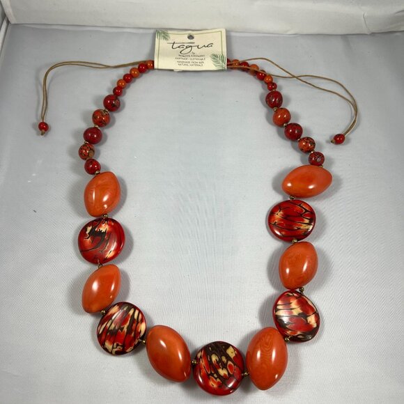 Handcrafted Tagua Nut Statement Necklace With Adjustable Cord Red & Orange Tones - Picture 1 of 5